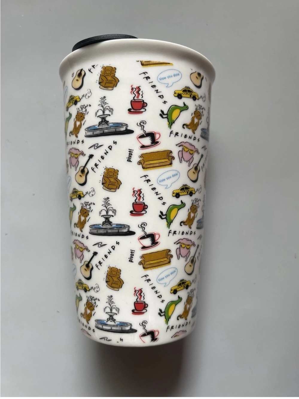 Friends TV Show Pattern Ceramic Travel Mug - White with Multicolor Icons